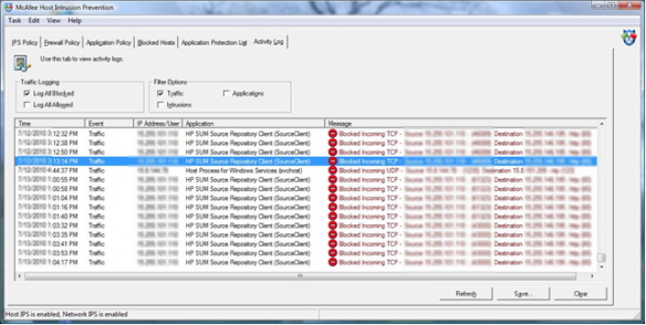 McAfee Host Intrusion Prevention screen